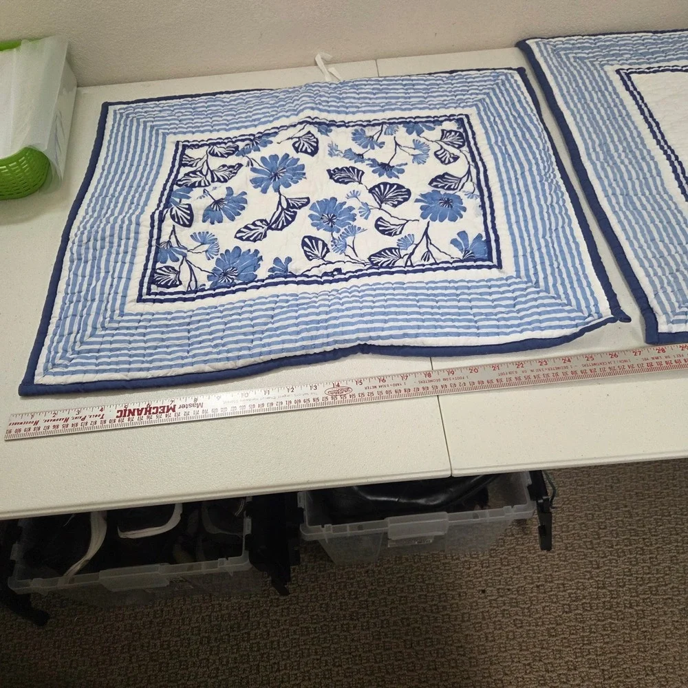 Company Store Blue White Floral Striped Quilted Pillow Shams Set of 2